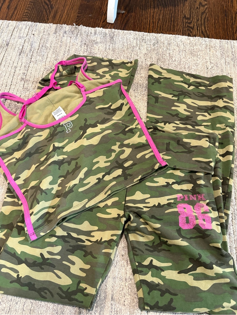 PINK Victoria's Secret  set Green Camo Flare Foldover Leggings Cami